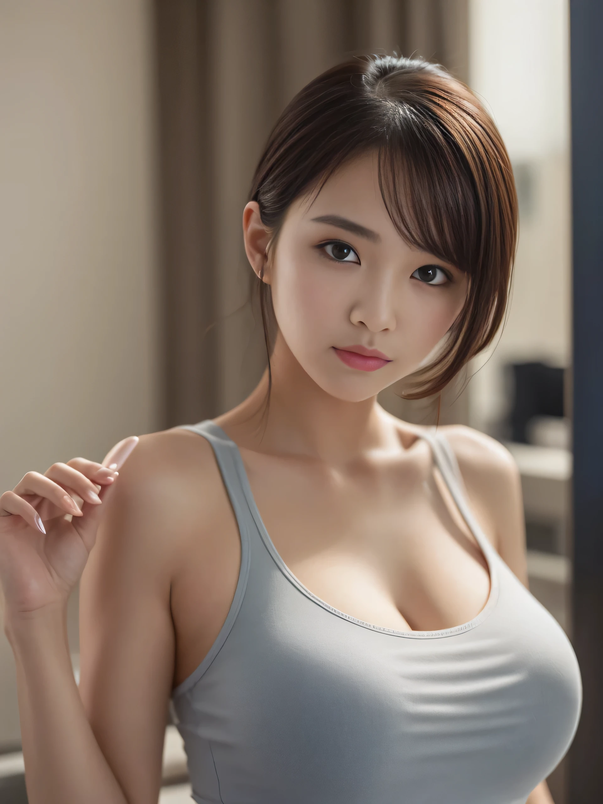((masterpiece))、((Highest quality))、picture、Reality、high resolution、Advanced Depth of Field、Ultra-detailed、Realistic lighting、((Beauty Salon))、((Navy Tank Top))、((Bright interior))、((Washing the client's head))、((It's close so it's close、Right in front of you))、Married women、20th Generation、Delicate facial features、short hair、Realistic background and accessories、Big ample breasts、valley、Plump body、Sexy smile、Serious gaze、