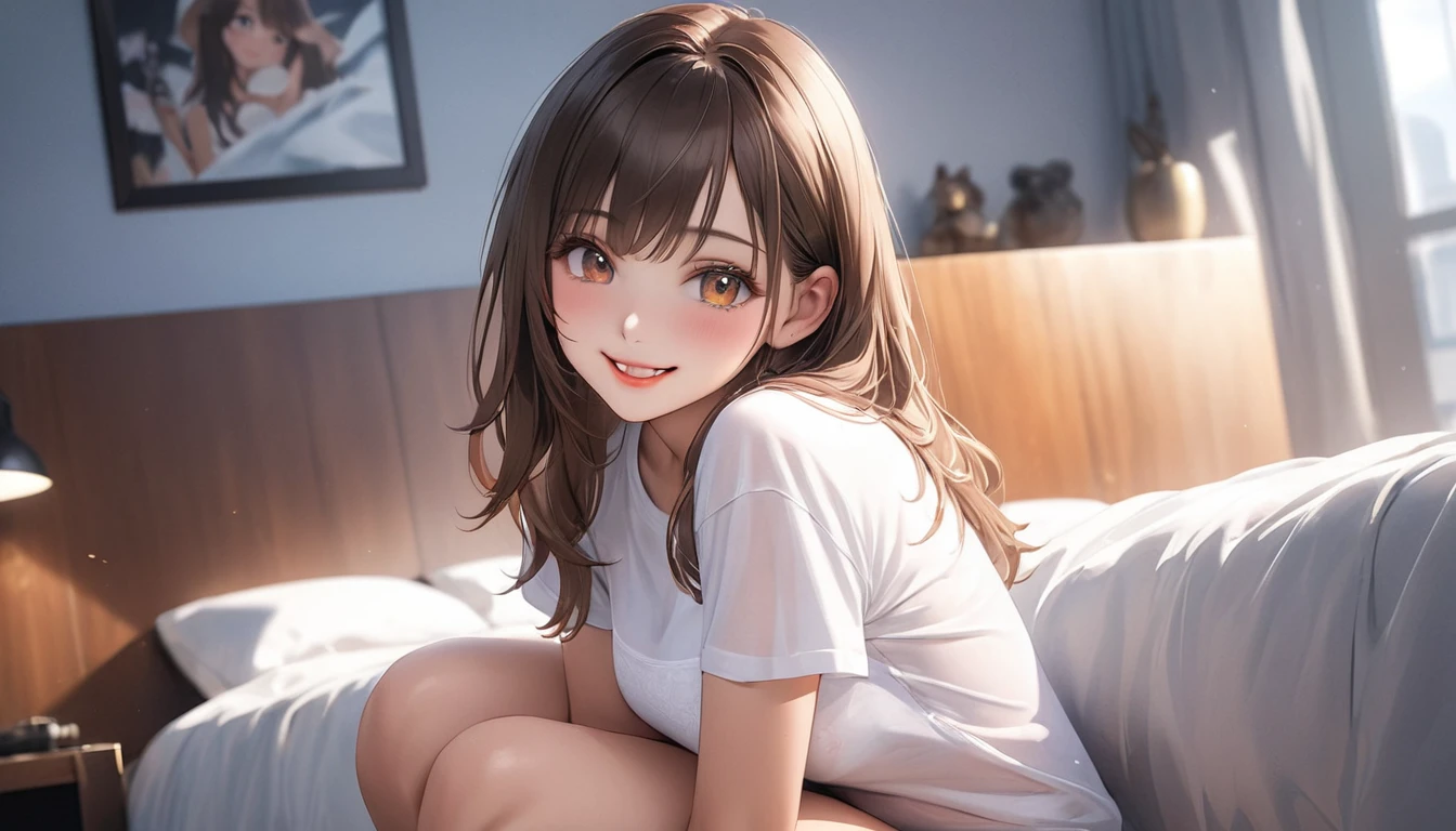 Straight hair, brown hair, ((Highly detailed semi-transparent sexy little white t-shirt)), looks about , (Beautiful girl: 1.3), 1 girl, (Smiling) Best quality, 8K, Highly detailed CG unit wallpaper, Masterpiece: 1.2, Best quality, Ultra high resolution, RAW photo, Realistic textured skin, Cinematic lighting, Happy, Big eyes, Detailed eyes, Glossy lipstick, Perfect makeup, Ultra high resolution beautiful face, In her room decorated like a girl, on the bed, Sensual, (Big round beautifully shaped butt), (Sitting on the bed), (Hugging her knees).