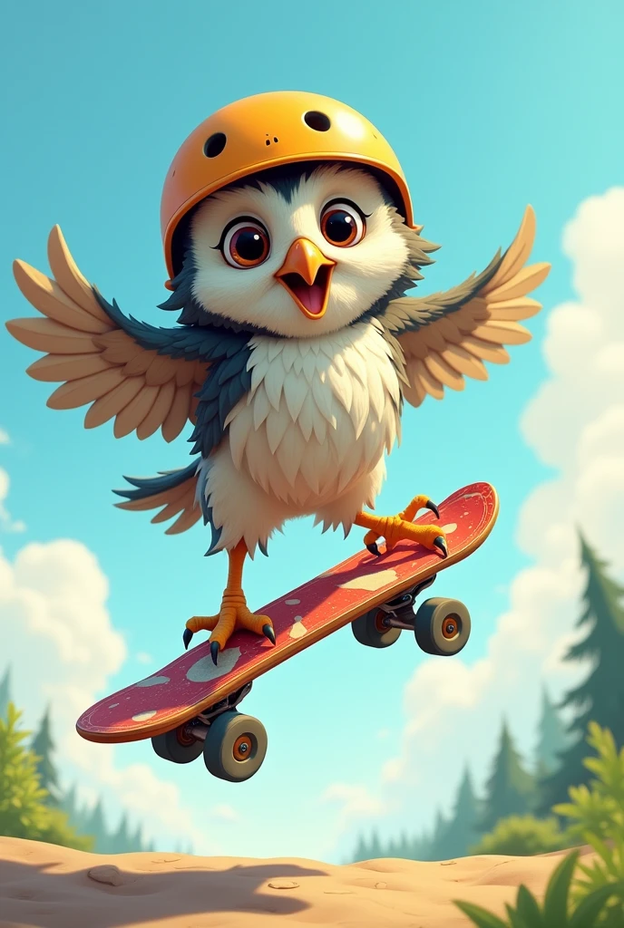 Create a cartoon-style image of an men gray-furred owl skateboarding. The men gray-furred owl should be mid-air, performing a jump on its skateboard. The owl is wearing a helmet for safety, and the scene should capture the dynamic motion of the jump. The overall style should be playful and vibrant, with attention to the owl's expressive features and the colorful skateboard.