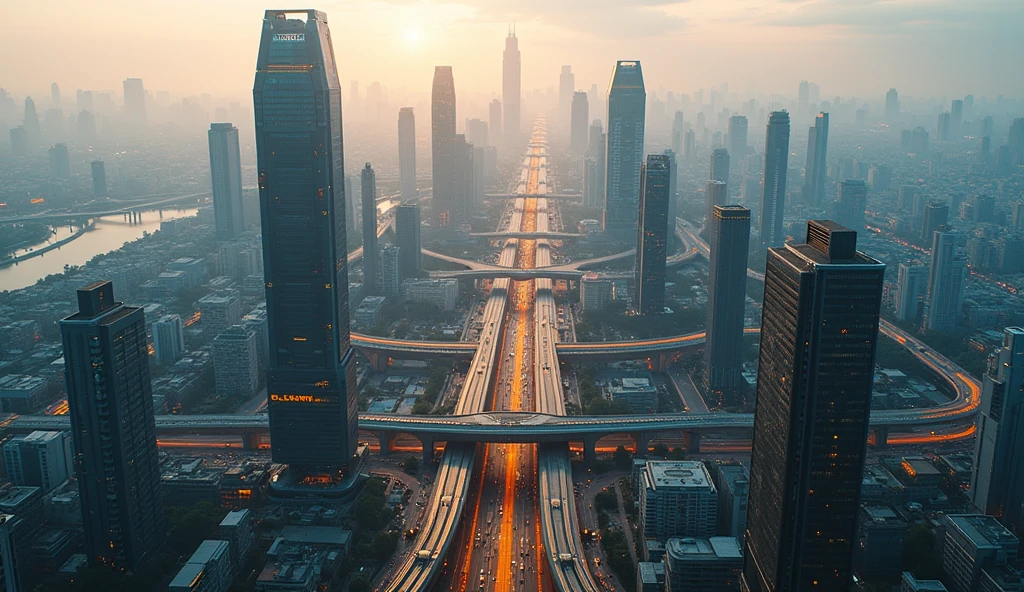 ((masterpiece, highest quality, best image quality, High resolution, realistic, RAW photo, 8k)), (Helicopter shot, Looking down on the sci-fi futuristic cyberpunk Ho Chi Minh city at daytime from above:1.3), 
