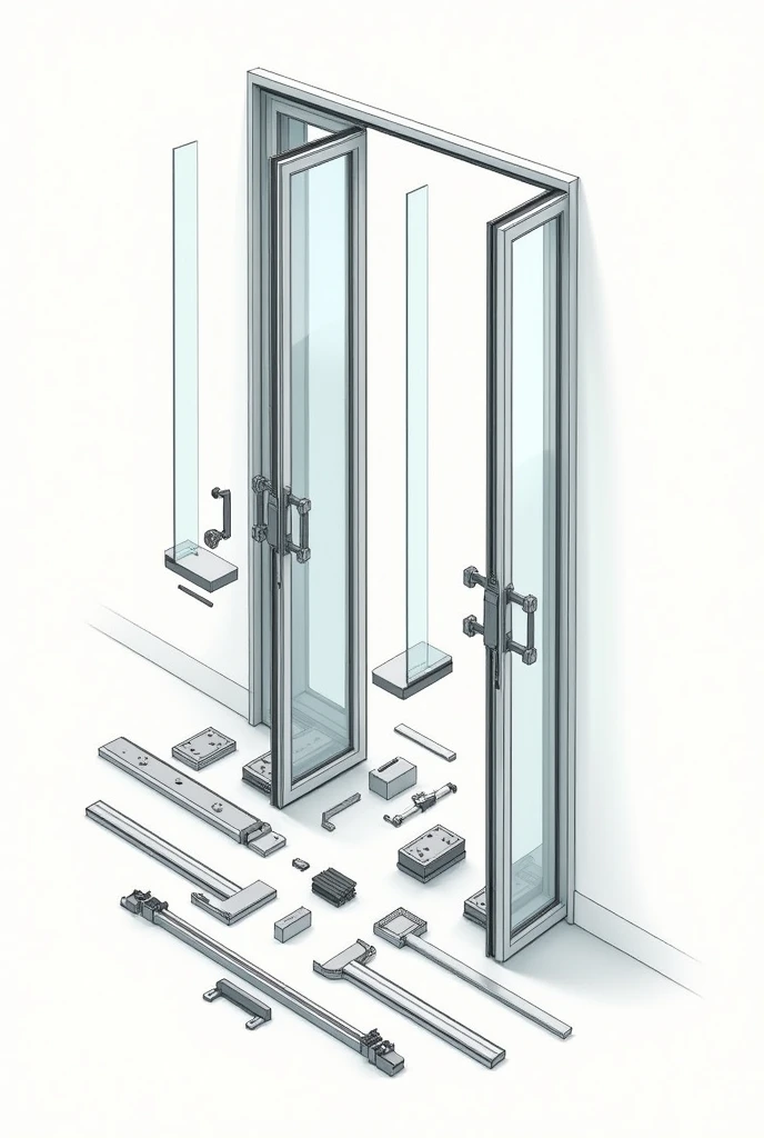 Aluminium glass double pocket door exploded view sketch, showcasing all the parts in exploded view in 3d

