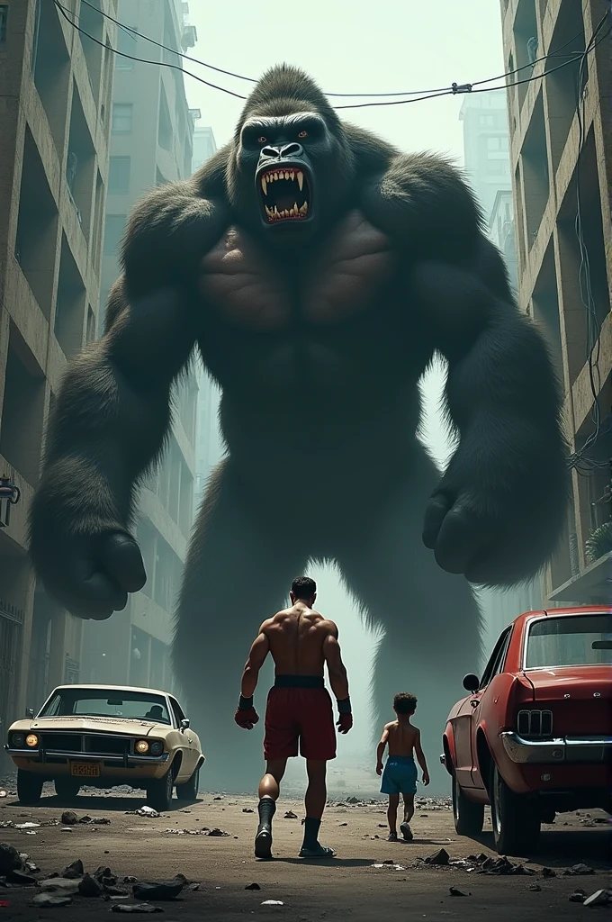 A boxing ring in the middle of a dark and lonely street with a boxer and a giant gorilla with wrecked cars and buildings and a fearful child behind the boxer