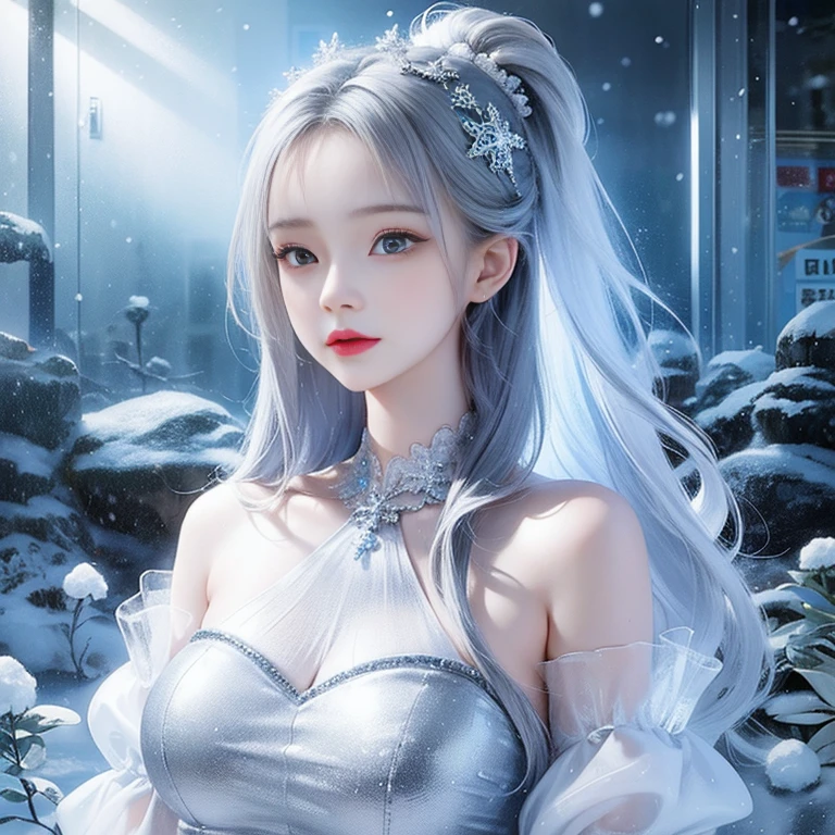 One person,(snow,ice), snowflakes, In winter, Gray Hair, Shiny Hair, Wavy Hair, Transparent clothes, Frills, race, Wet clothes, off_shoulder, Hair Scrunchie,masterpiece, telescope lens, Absurd, Exquisite facial features