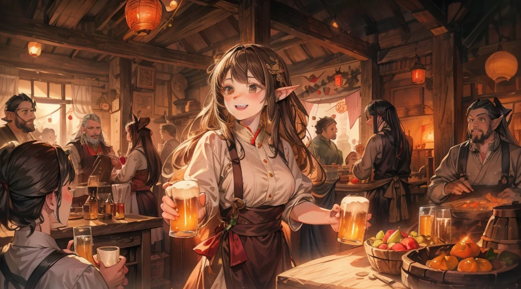 An illustrated scene set in a lively fantasy tavern at twilight. The focus is on a cheerful elf waitress, a young woman with long flowing hair and pointed ears, wearing a traditional tavern outfit. She is smiling warmly as she carries a large tray of mugs filled with beer, distributing them to a diverse group of patrons gathered around a round wooden table. The background shows a bustling tavern filled with various races, including humans, dwarves, and elves, all engaged in lively conversation. The setting is cozy, with a warm glow from lanterns and a large hearth, casting a soft, inviting light. The overall mood is vibrant yet warm, with a mix of soft browns, golds, and oranges to reflect the twilight hour.