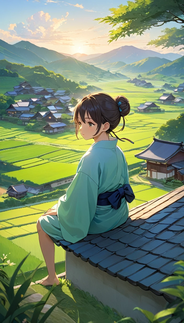 A tranquil scene with a young boy, his hair tied up in a top bun, sitting in a meditative pose on the edge of a traditional tiled roof. He is dressed in a light blue robe, and the setting sun casts soft, warm hues across the scene. Below, a sprawling rural village with traditional Japanese-style houses and vibrant green rice paddies stretches out, nestled among rolling green hills. The color palette is soft and dreamy, with rich shades of green and blue, and a gentle, almost ethereal light that enhances the peaceful, reflective mood of the scene.