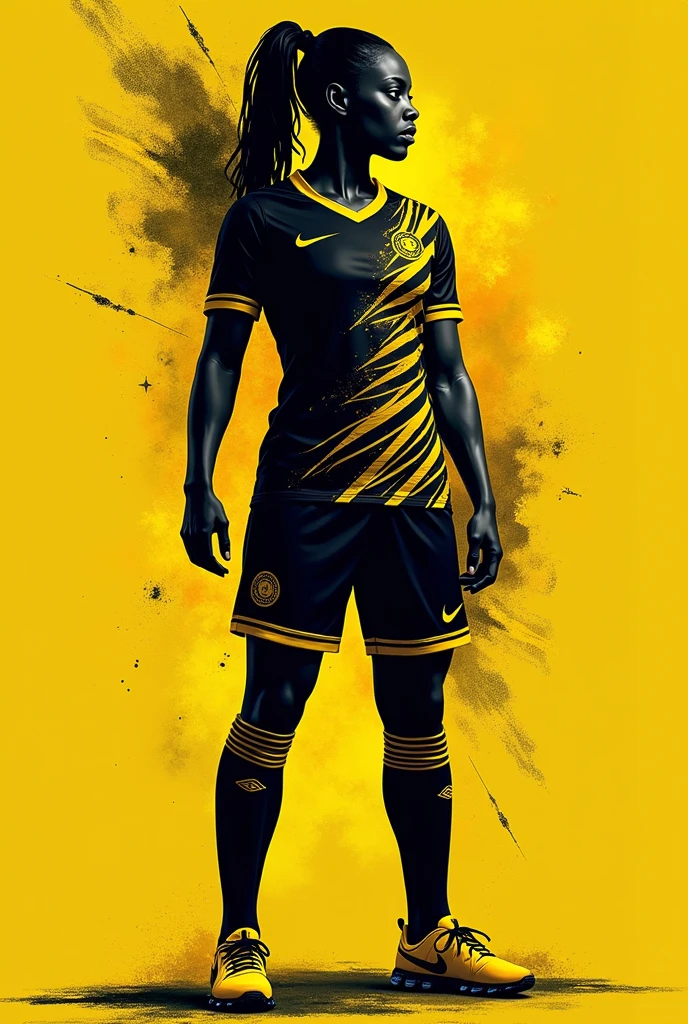 For a black women's soccer uniform, with a design of a muscular man silhouette in profile lifting dumbbells vectorized in black tones with yellow simulating rays coming out of his body all over the shirt, you could consider the following:
In Camisa:
Color Base: negro.
Brand : nike
Design: A design on one side of the shirt with a silhouette of a muscular man lifting weights vectorized in yellow and black tones, perhaps with a graphic style
Shorts: negro con amarillo
Color Base: negro.
Details: They could have small accents in yellow to complement the design of the shirt.
socks: