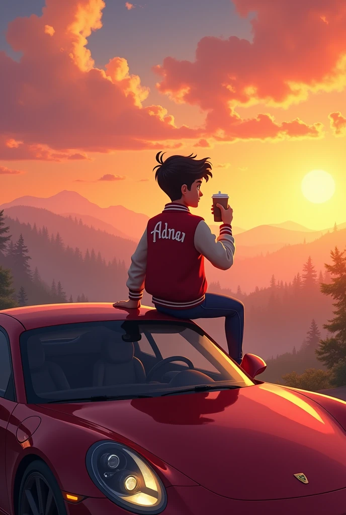 Make an animated image of a boy who is sitting on the roof of the luxury car from backside he is wearing a varsity jacket with name of Adnan who is enjoying his cold coffee , and seeing the view of sunset of kashmir