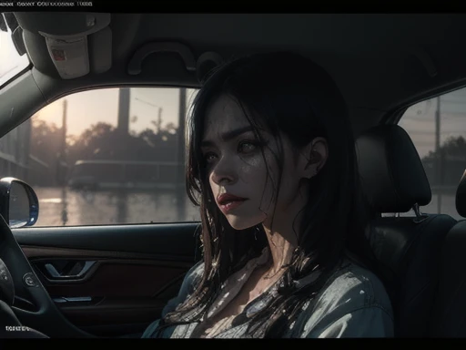 car commemorative photo,(Photo from inside the car),(Strong Shadows:1.3),water vapor,(horror style),(curse:1.3),(soul:1.3),(ultra Realistic 8k cg, RAW Photos, Highest quality, masterpiece:1.2),High-definition RAW color photos,Professional photos,(Realistic, photo-Realistic:1.3),(Highest quality),(Cinematic Light),(masterpiece),Strong Rim Light,evening