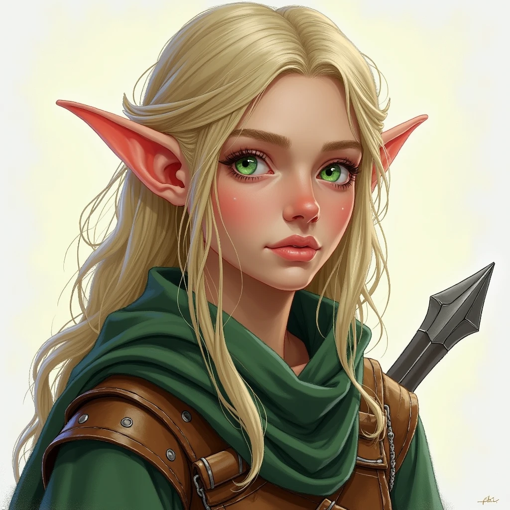 Draw a VERY REALISTIC fantasy style drawing of a 20-year-old elf, blond, Caucasian skin, green eyes with war clothes