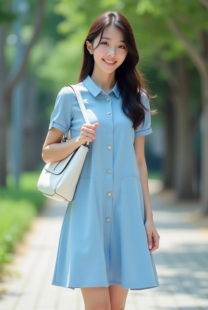 ((masterpiece, top quality, 8k, RAW photo, realistic, ultra highly detailed)), 1 girl, (japanese face:1.4), 20 years old, big smile:1.5, perfect cute face:1.4, well groomed face, perfect body:1.4, dark brown hair:1.4, long hair:1.4, natural makeup, (double eyelid, full body shot, standing, beautiful legs:1.3), ((light blue front button one piece dress, short sleeve, light blue heels, have a white bag)), (in campus:1.5)