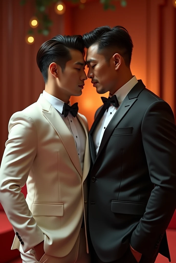 a handsome korean gentleman, 27 years old, groom in formal white hsuit and bow tie, wedding ceremony, provocative and erotic pose, luxurious wedding hall, armpit sweat, Vietnamese scenery, professional attire, handsome and elegant, abstinence sexy, , masculine and handsome, muscular, beautiful looking muscles, white skin, black eyes (1:3 thin eyes), full body photo, erotic face, firm chest, provocative, sexy, adultery with mature vietnamese father-in-law, wearing black suit, muscular, 45 years old
