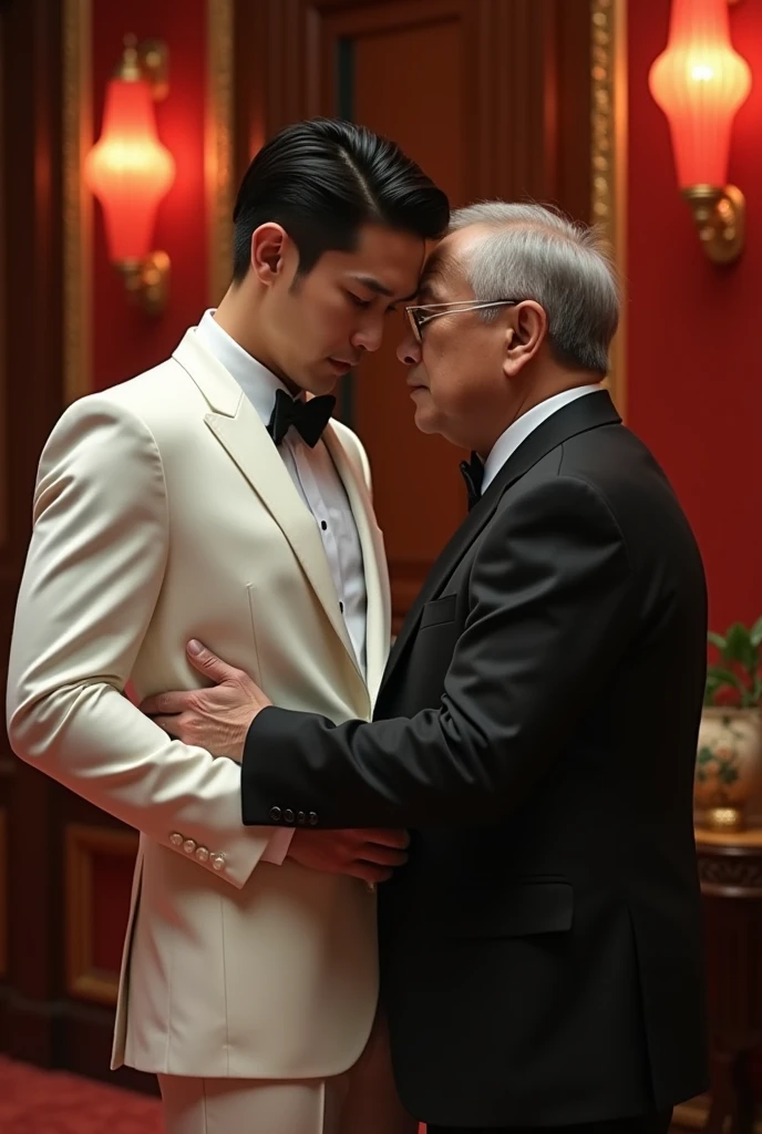 a handsome korean gentleman, 27 years old, groom in formal white hsuit and bow tie, wedding ceremony, provocative and erotic pose, luxurious wedding hall, armpit sweat, Vietnamese scenery, professional attire, handsome and elegant, abstinence sexy, , masculine and handsome, muscular, beautiful looking muscles, white skin, black eyes (1:3 thin eyes), full body photo, erotic face, firm chest, provocative, sexy, adultery with mature vietnamese father-in-law, wearing black suit, muscular, 45 years old