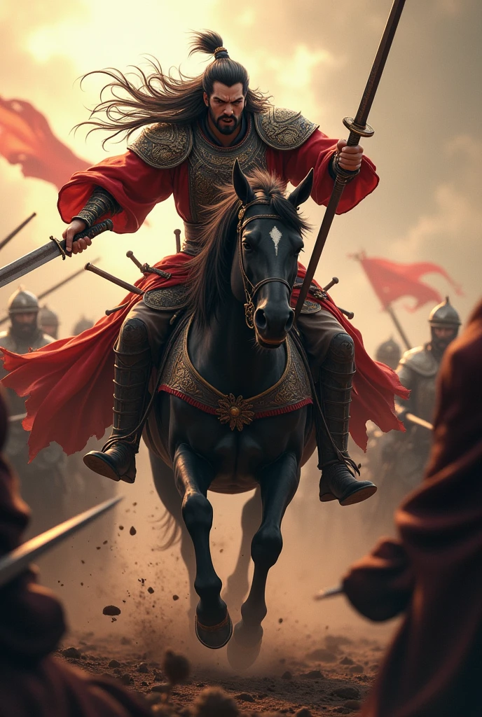Movie Lenses,Describing the Three Kingdoms period,a general riding a horse,Long hair spread out,Holding a long knife with a ferocious expression,Fighting in the crowd,To keep yourself alive