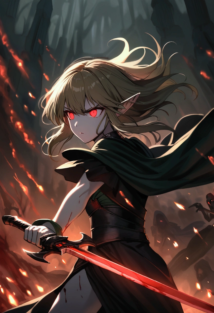 Young elven woman, pale skin, brown hair, glowing red eyes, black clothes, small, dark fantasy, long ears, bladedancer, pissed, holding a sword, fighting, blood stained