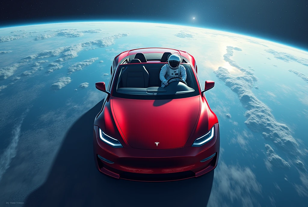 hyperréaliste , masterpiece, vue aérienne d’une voiture de sport rouge décapotable conduite par un cosmonaute avec une planète bleue en arrière-plan, Dérive dans l’espace, SpaceX, Epic Road - Voyage dans l’espace, it is Voler dans l’espace, Tesla, regarder dans l’espace, voler dans l’espace, Lancement dans l’espace, cosmonaute survolant la Terre, Voler dans l’espace, voyage dans l’espace