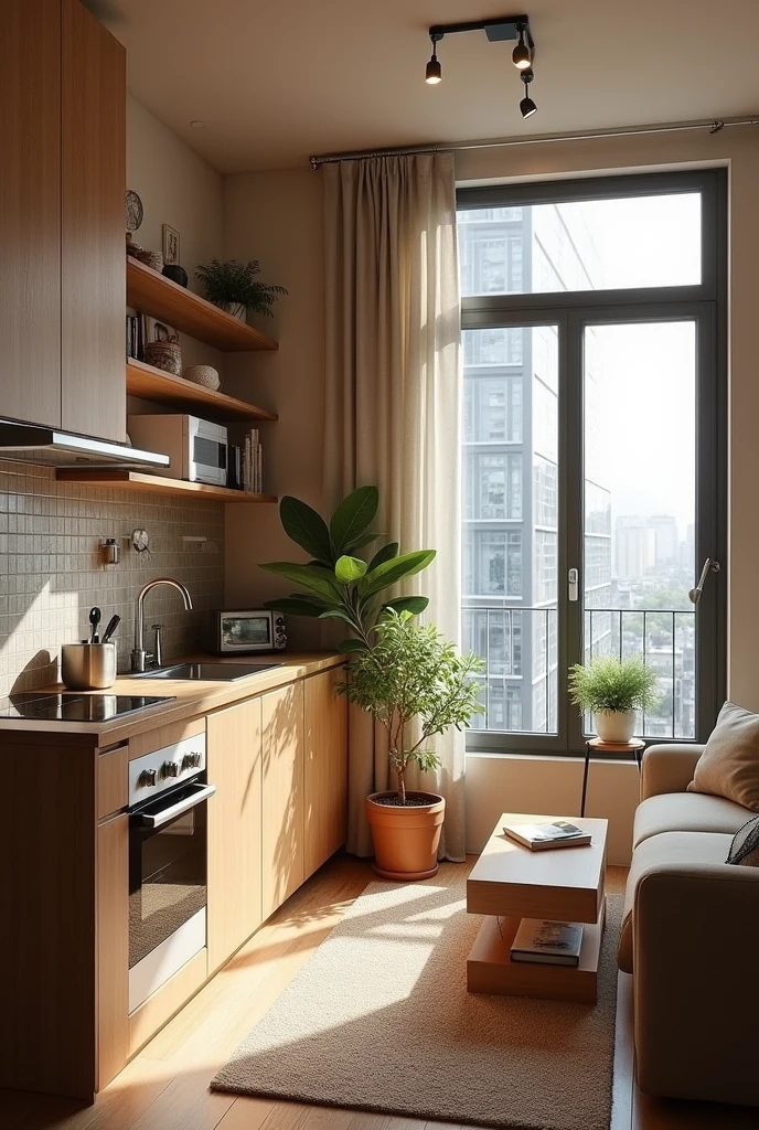 25 m2 studio apartment furnished with living room furniture, bedroom and kitchen