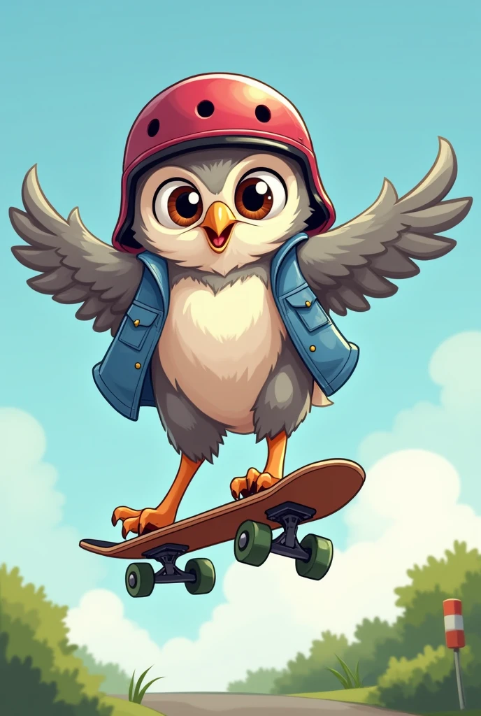 Create a cartoon-style image of an gray-furred owl skateboarding. The gray-furred owl should be mid-air, performing a jump on its skateboard. The owl is wearing a helmet for safety, and the scene should capture the dynamic motion of the jump. The overall style should be playful and vibrant, with attention to the owl's expressive features and the colorful skateboard.