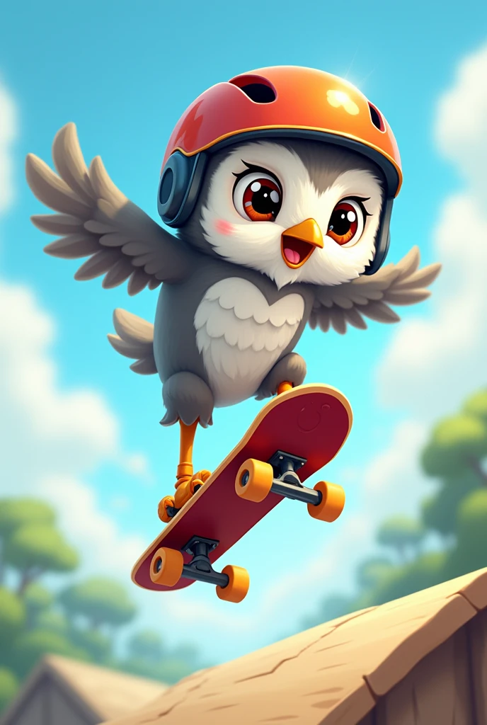 Create a cartoon-style image of an gray-furred owl skateboarding. The gray-furred owl should be mid-air, performing a jump on its skateboard. The owl is wearing a helmet for safety, and the scene should capture the dynamic motion of the jump. The overall style should be playful and vibrant, with attention to the owl's expressive features and the colorful skateboard.