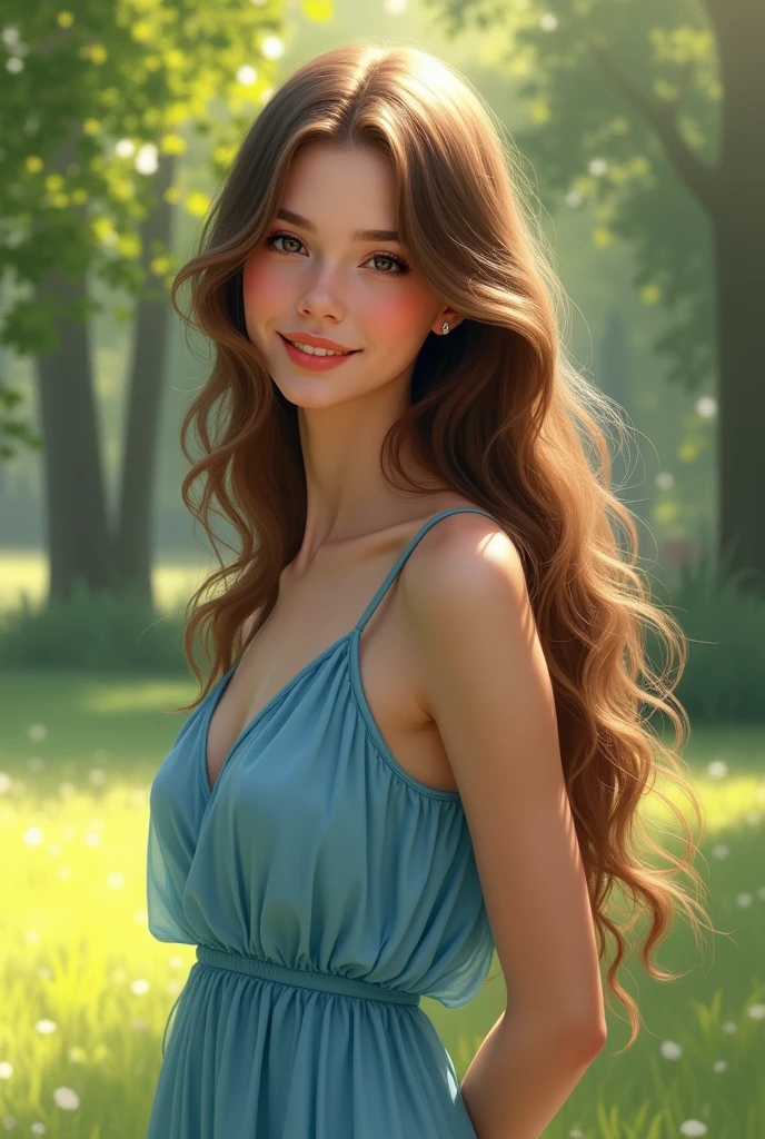 A realistic portrait of a young woman with long brown hair, wearing a blue dress, standing in a sunny park with a soft smile."