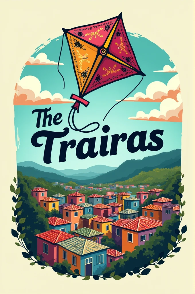 Kite logo written " The Trairas " flying a kite with a favela in the background
