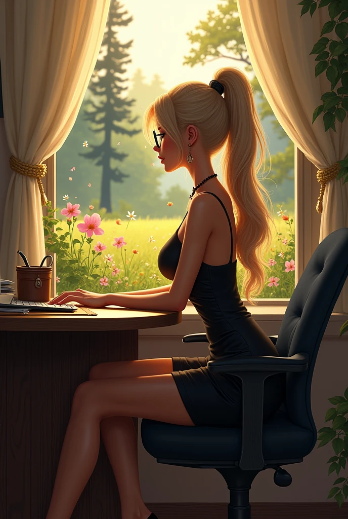 A 20-year-old girl with long, blonde hair tied in a ponytail sits at a desk in an office, her gaze lost in thought as she looks dreamily out the window. She wears a short, tight business dress that accentuates her curves, nylon stockings, and black high heels. Her large breasts are subtly visible under the dress. A pair of gles perches on the end of her nose. Soft afternoon light casts a warm glow over the scene, with the sun dipping below the horizon to create a sense of dusk. Outside, flowers dance through the air in front of a lush meadow filled with vibrant blooms and towering trees. best quality, realistic