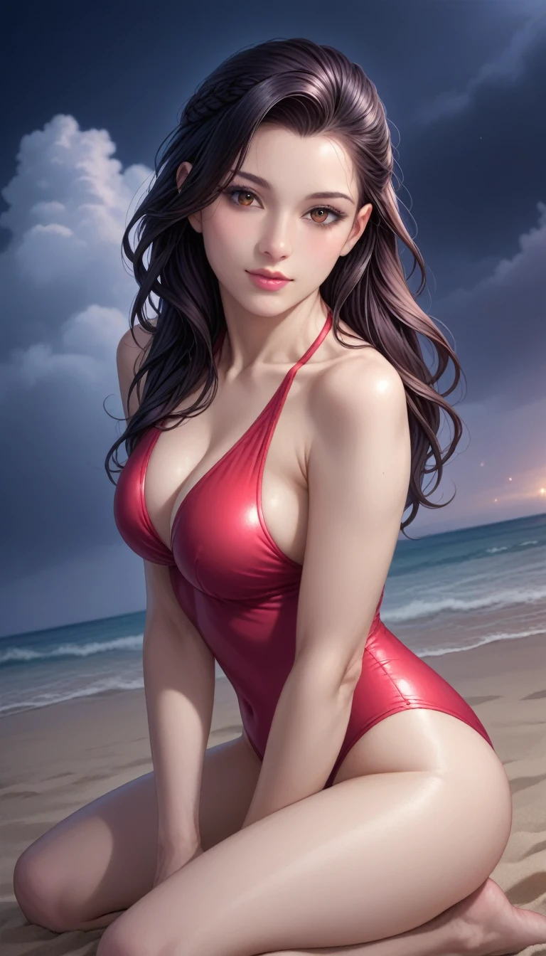 score_9, score_8_superior, score_7_superior, High-resolution CG illustration,A masterpiece in 32K resolution,Highest quality,it is really amazing,Very detailed,Ultra-high resolution,Ultra-realistic,Realistic,Increased depth of field,Cinematic lighting,
Sexy mature Japan woman,
Long black hair,Showing his forehead,Ultra-detailed and beautiful face,Calm and gentle look,Beautiful brown eyes,Translucent white skin,Realistic skin texture,Great proportions,
Elegant red swimsuit,
Simple design,Chic color scheme based on red,Detailed fabric texture,
(Dark overcast sky on a dull night:1.1),(Dark clouds filling the sky:1.1),Thundercloud,Coastline at night,Stormy seas,delay々A desolate sandy beach that continues,
Kneeling on the sand,High angle,