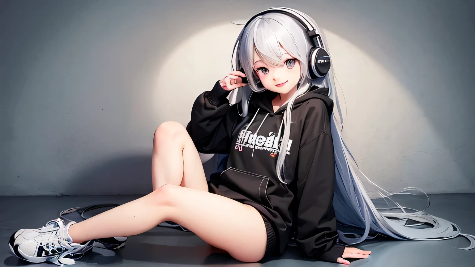 Very cute girl, full body, long hair, wearing headphones, wearing a hoodie, Masterpiece, top quality, smiling face