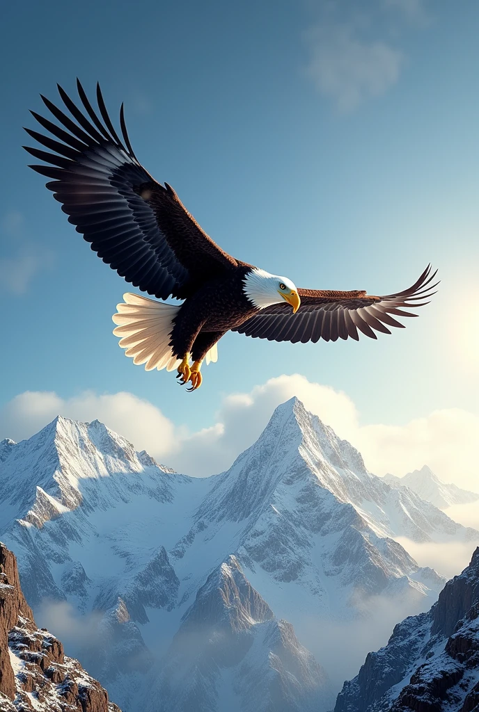 A majestic bald eagle soaring high above snow-capped mountains, with its wings fully extended and the sun casting a golden glow on its feathers.