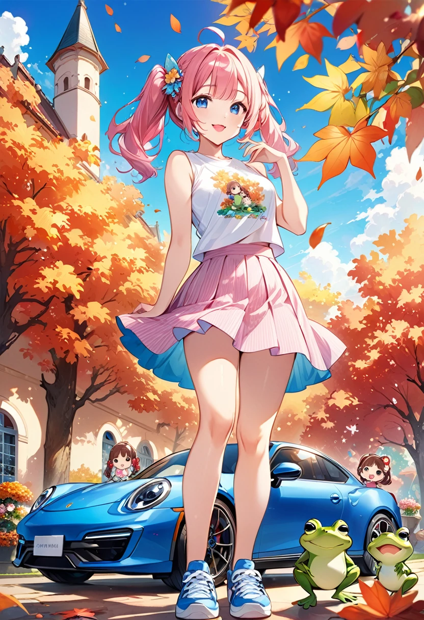Highest quality、High resolution、Detailed Background、Beautiful face in every detail、Anatomically correct、Detailed facial expressions、fine grain、Movie Posters、((full body, from below:1.2, side shot, looking viewer:1.2)), break　((One Girl:1.2)、((Chibi Girl:1.2)))、Bright pretty hair color、Big beautiful blue eyes、Fuller lips、Pink Lips、Braided twintails、Ahoge、(Commemorative photo in front of a new car:1.2、Several sisters huddle together in the center.:1.2)、(Cute sleeveless T-shirt、Cute Skirt、Cute sneakers、Cute hair accessories)、break　((V sign、Cheerful pose:1.2、Smiling for a commemorative photo))、((The background is a peaceful country villa、Autumn flowers々、Gentle sunlight))、(The frog is jumping:1.2)