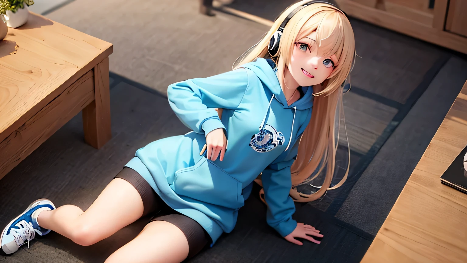 Very cute girl, full body, long hair, wearing headphones, wearing a hoodie, Masterpiece, top quality, smiling face
