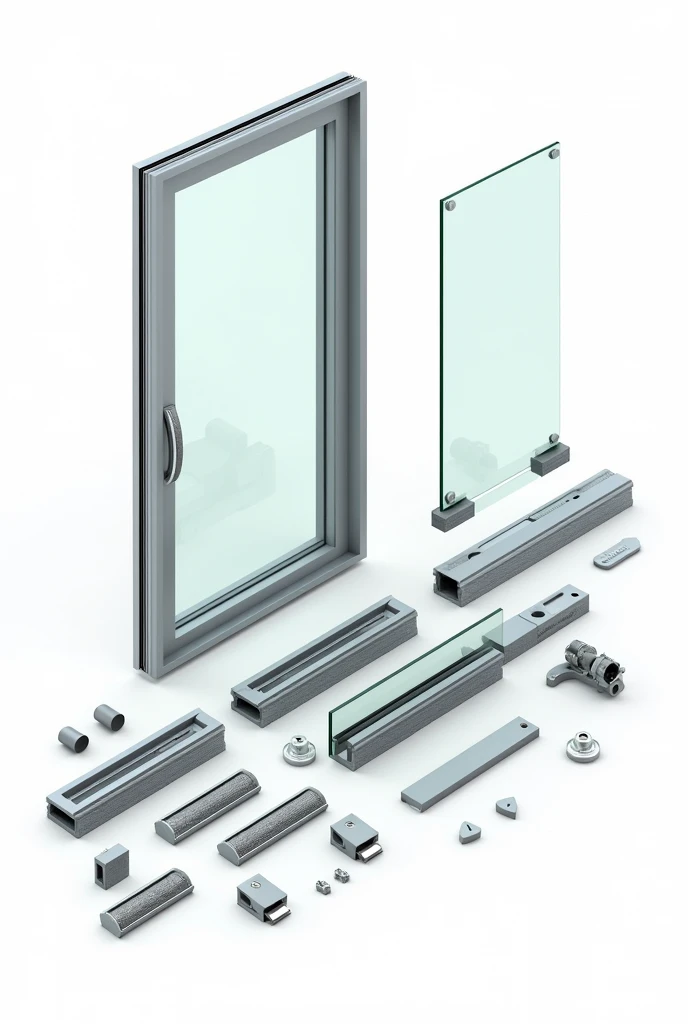 Aluminium glass double pocket door exploded view sketch, showcasing all the parts in exploded view in 3d with labellings

