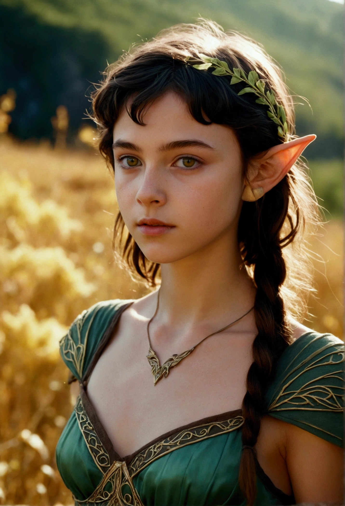 analog film photo, photo of a young elven girl, 18 years old, elf ears, amber eyes, dark brown hair, shaggy pixie cut, sun-tanned complexion, olive skintone, slender hourglass figure, narrow waist, full hips, plump buttocks, wearing elven lingerie, resembles Mackenzie Foy, strolling through a fantasy landscape, RAW Photograph, dslr, soft lighting, high quality, film grain, Fujifilm XT3, detailed skin with visible pores, insane details, masterpiece, 8k, 35mm photograph, dslr, kodachrome, faded film, desaturated, grainy, vintage, Lomography, stained, highly detailed, found footage, close-up shot, elven ears