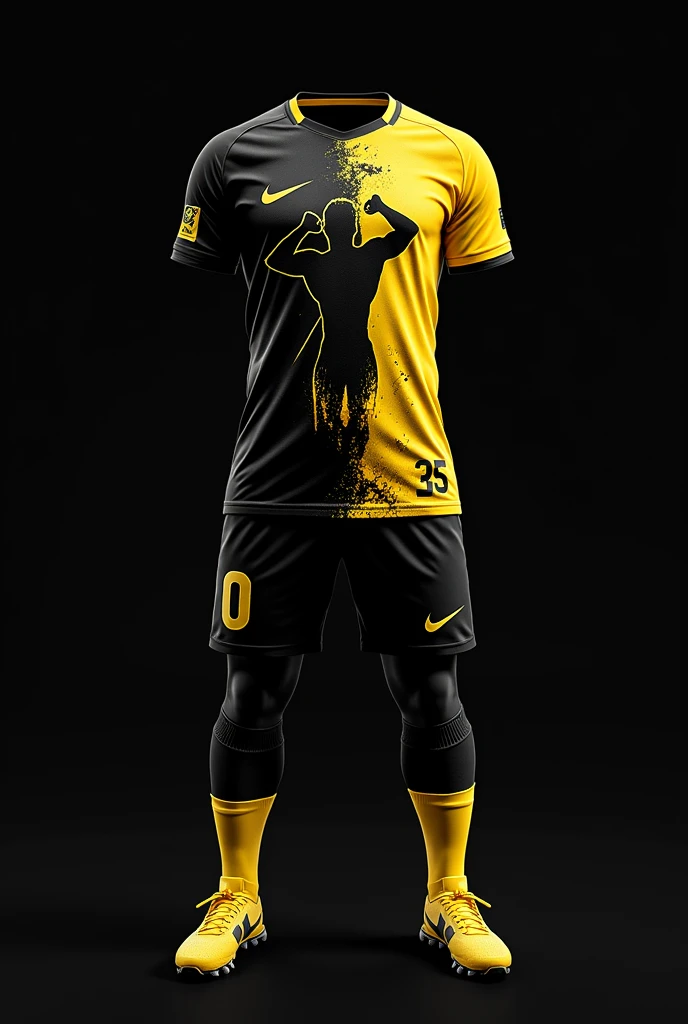 For a black women's soccer uniform, With a design of a muscular man silhouette in profile lifting dumbbells vectorized where a design with strokes and lines in black and yellow tones is shown simulating that rays come out of the body throughout the shirt, you could consider the following:
In Camisa:
Color Base: negro.
Brand : nike
Design: A design on one side of the shirt with a silhouette of a muscular man lifting weights vectorized in yellow and black tones, perhaps with a graphic style
Shorts: negro con amarillo
Color Base: negro.
Details: They could have small accents in yellow to complement the design of the shirt.
socks: