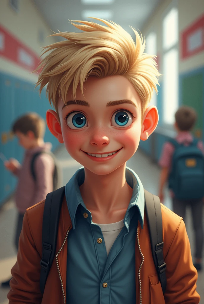 European guy, really handsome, Russian guy, blonde hair, light blue eyes, very white skin, big eyes, cute smile, whole body, at school background 