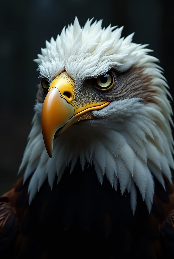 A close-up portrait of a powerful eagle with intense, piercing eyes, showcasing its sharp beak and detailed feather textures against a dark, dramatic background.