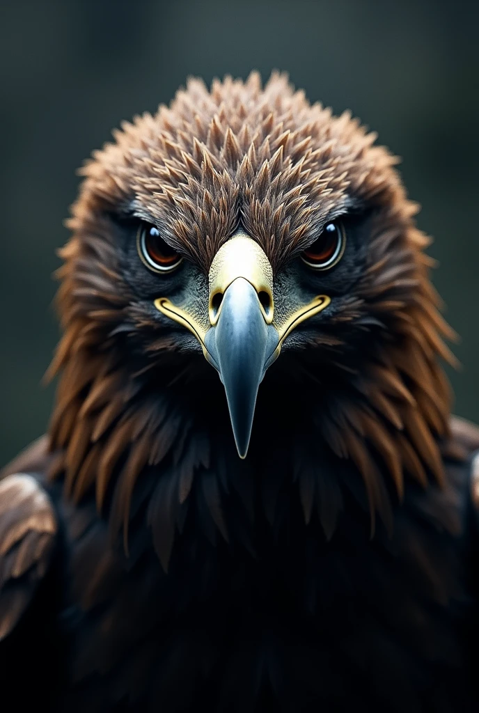 A close-up portrait of a powerful eagle with intense, piercing eyes, showcasing its sharp beak and detailed feather textures against a dark, dramatic background.