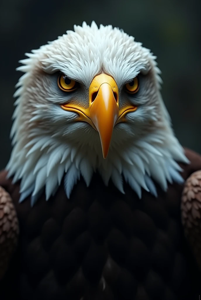 A close-up portrait of a powerful eagle with intense, piercing eyes, showcasing its sharp beak and detailed feather textures against a dark, dramatic background.