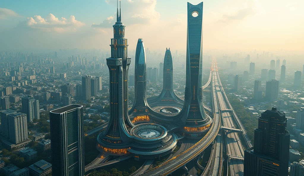 ((masterpiece, highest quality, best image quality, High resolution, realistic, RAW photo, 8k)), (Helicopter shot, Looking down on the sci-fi futuristic cyberpunk Ho Chi Minh city at daytime from above:1.3), Landmark 81, Bitexco Tower