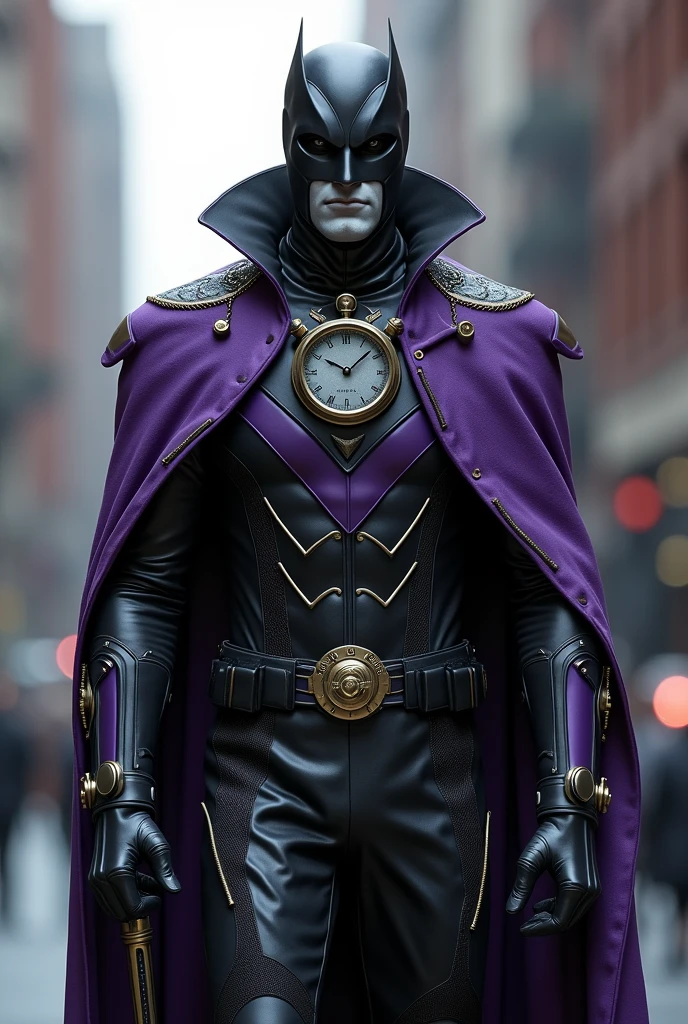 Make a 27-year-old man with gray skin., with an old-style superhero suit, black and purple in color. Covering his head with the suit, and that he has a cane with a futuristic clock, he has the power to change time