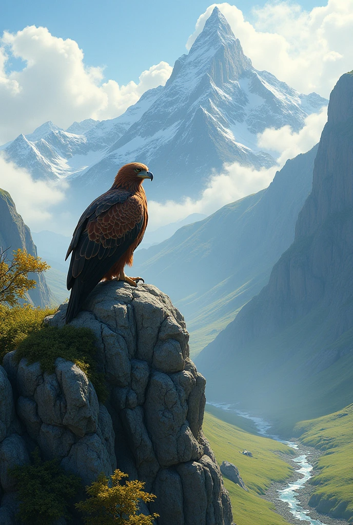 An eagle perched on a rocky outcrop overlooking a breathtaking panoramic view of rugged mountains and a serene valley, with mist swirling around the peaks.