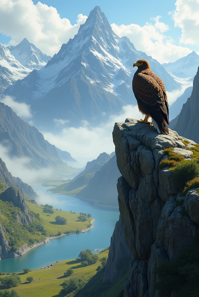 An eagle perched on a rocky outcrop overlooking a breathtaking panoramic view of rugged mountains and a serene valley, with mist swirling around the peaks.