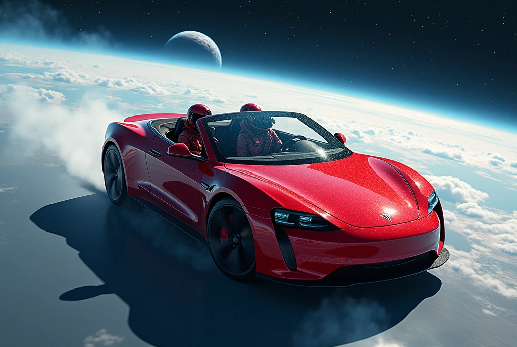 hyperréaliste , masterpiece, vue aérienne d’une voiture de sport rouge décapotable conduite par un cosmonaute avec une planète bleue au loin en arrière-plan, Dérive dans l’espace, SpaceX, Epic Road - Voyage dans l’espace, it is Voler dans l’espace, Tesla, regarder dans l’espace, voler dans l’espace, Lancement dans l’espace, cosmonaute survolant la Terre, Voler dans l’espace, voyage dans l’espace