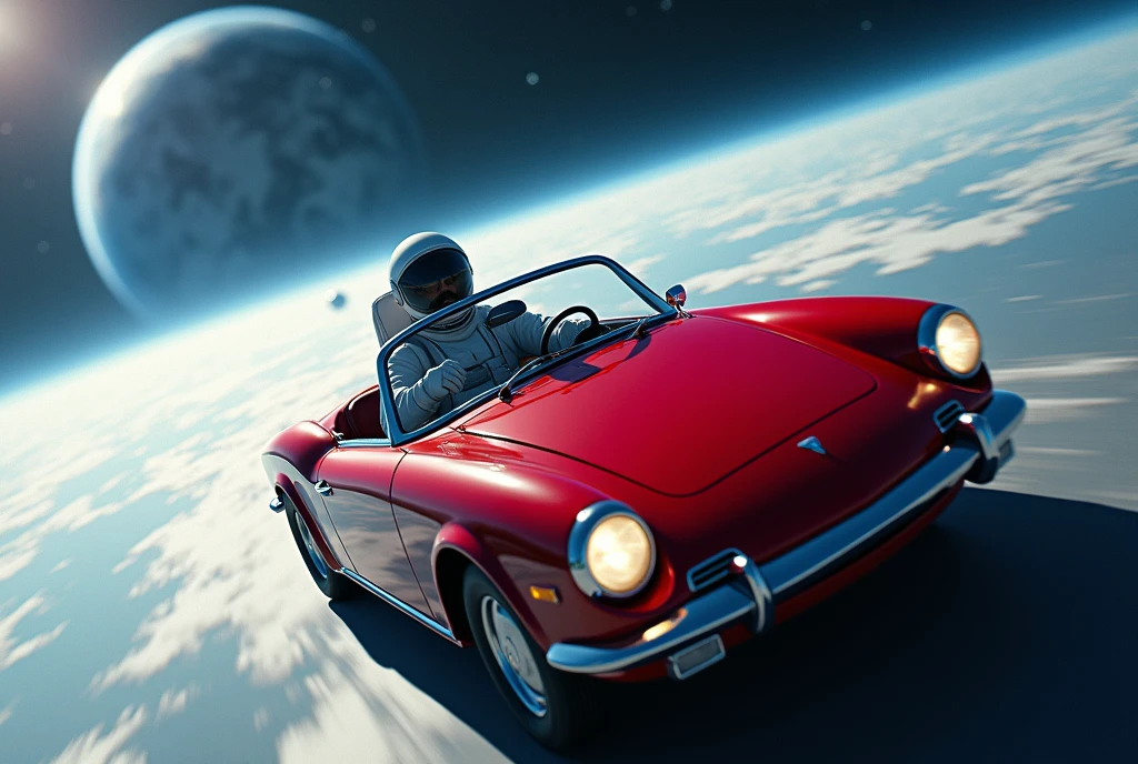 hyperréaliste , masterpiece, vue aérienne d’une voiture de sport rouge décapotable conduite par un cosmonaute avec une planète bleue au loin en arrière-plan, Dérive dans l’espace, SpaceX, Epic Road - Voyage dans l’espace, it is Voler dans l’espace, Tesla, regarder dans l’espace, voler dans l’espace, Lancement dans l’espace, cosmonaute survolant la Terre, Voler dans l’espace, voyage dans l’espace
