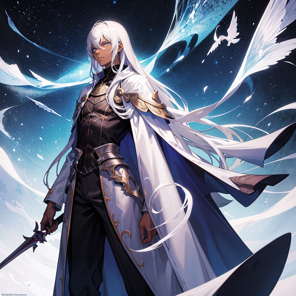 slender young man, with brown skin, long silver hair, deep blue eyes, dressed in robes that seem to have space, with noticeable scars on his body, he has a confident look, he carries a large dark purple sword that sticks out. from a crack in the air