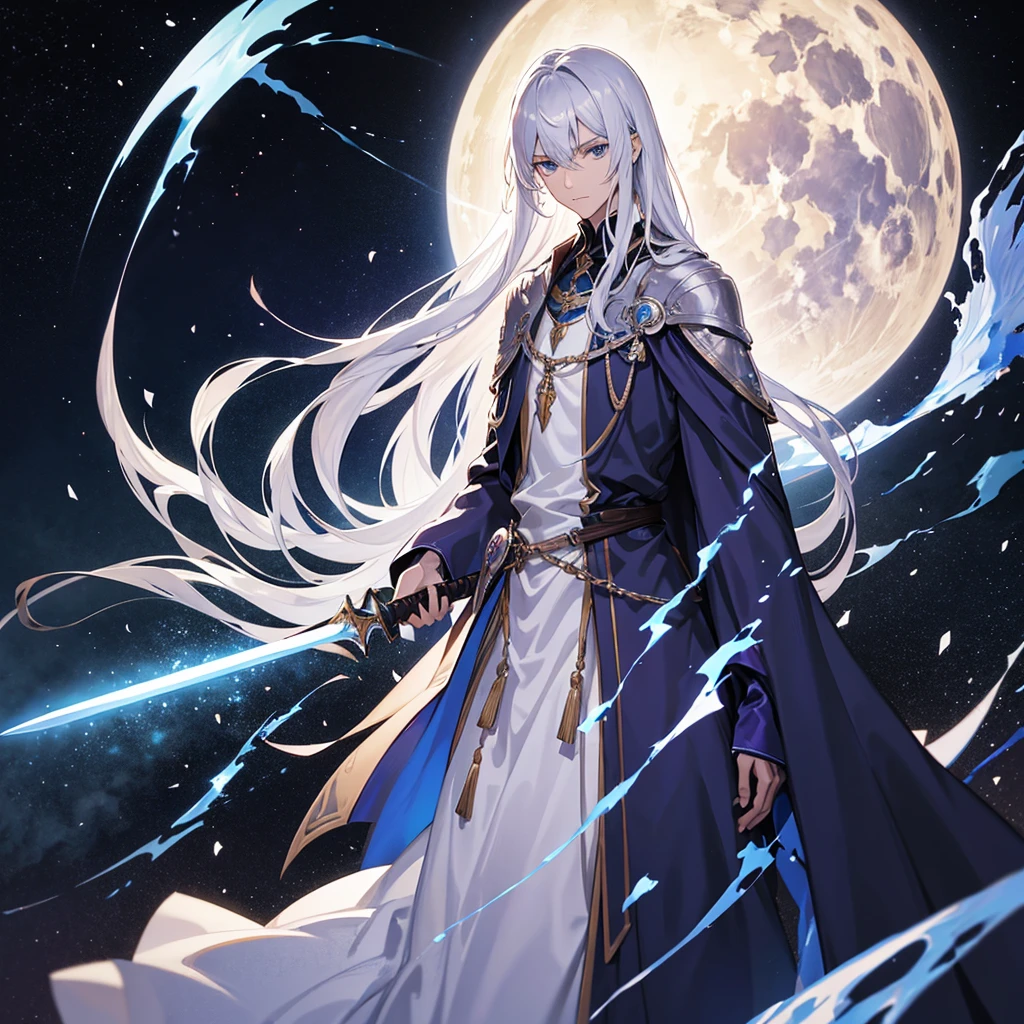 slender young man, with brown skin, long silver hair, deep blue eyes, dressed in robes that seem to have space, with noticeable scars on his body, he has a confident look, he carries a large dark purple sword that sticks out. from a crack in the air