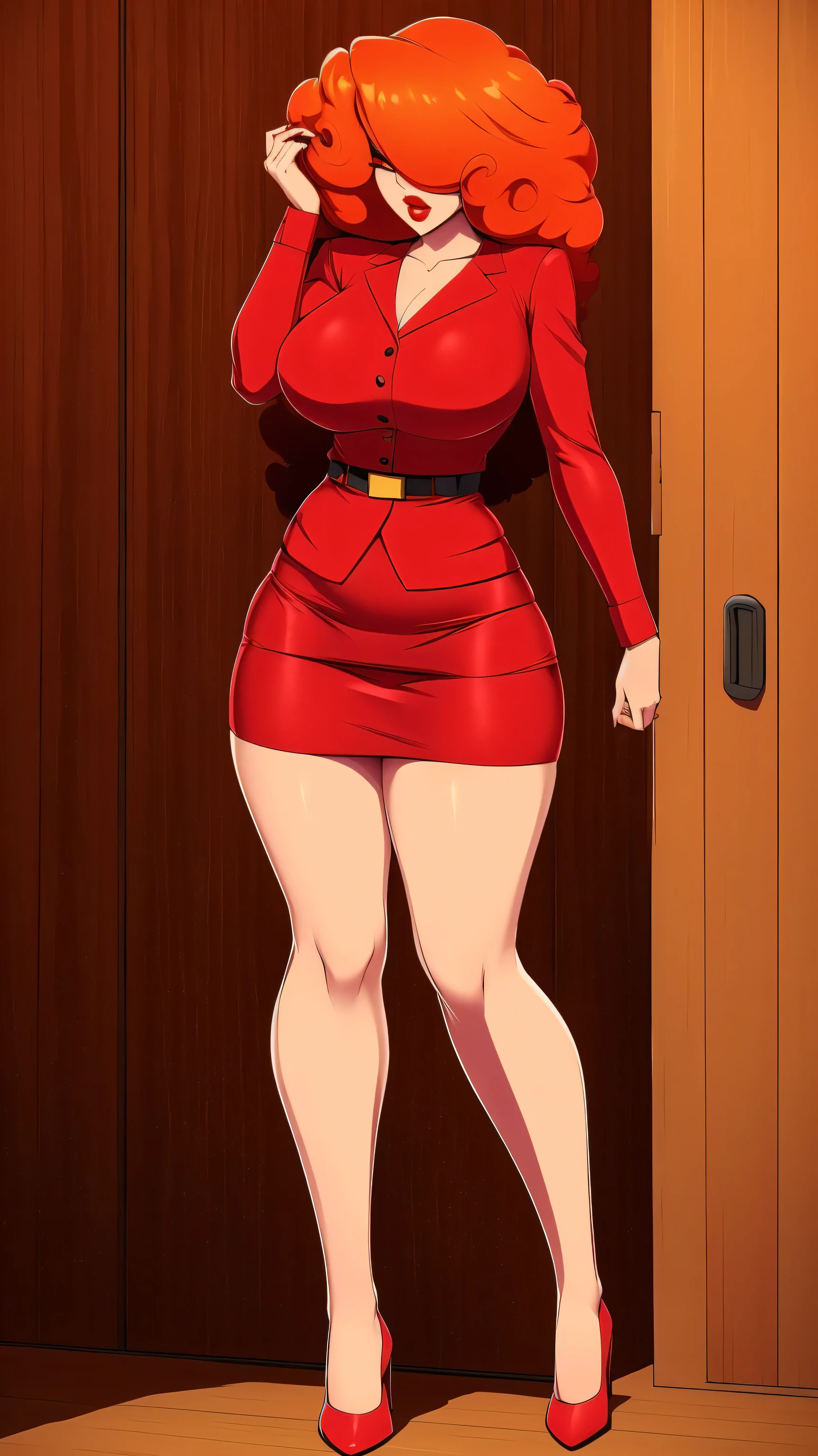 A tall, sexy, sensual, beautiful woman with large breasts, long, wavy, curly, fluffy orange hair, covers her face with red lips, wears a red button-down office shirt and a short red office skirt, and black heels.