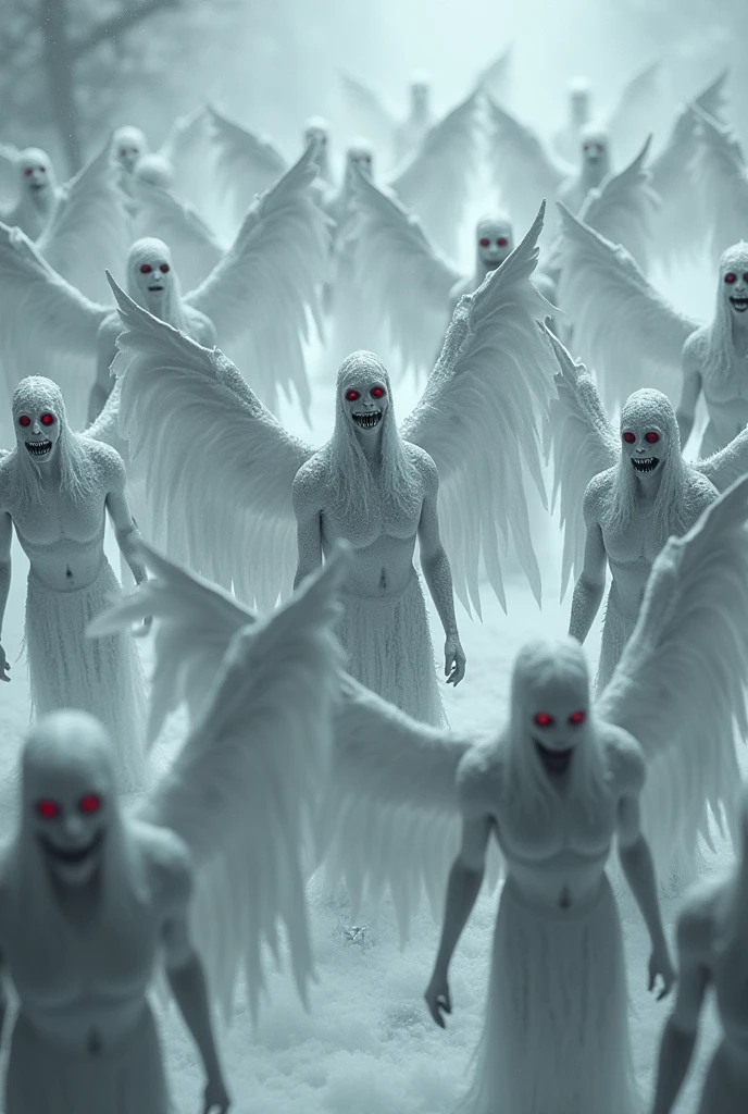 In black and white, make 13 frozen male vampires with white wings and red eyes.