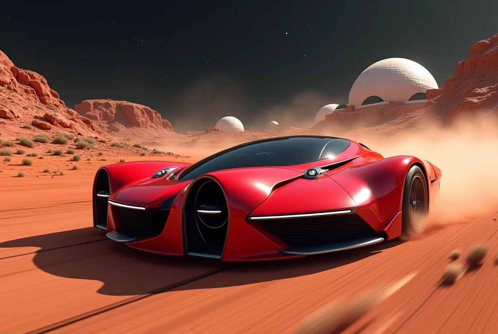 Create a hyper-realistic image of a luxury sports car moving at high speed in a Mars colony. The car should be sleek and aerodynamic, painted in a vibrant metallic red color with futuristic design elements. Place the car on a dusty Martian road with domed habitats, advanced structures, and red rocky terrain in the background. Include slight motion blur on the wheels and the road to emphasize speed. The sky should be a deep, dark space with stars and distant planets visible, creating a dynamic and otherworldly atmosphere.