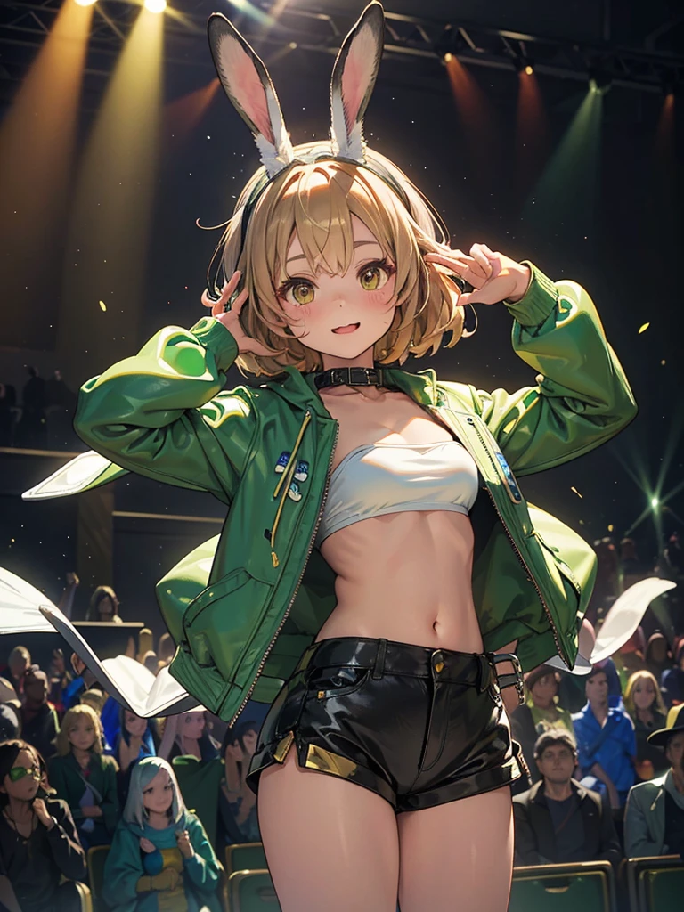 In the spotlight, Black Background, fantasy class, Bunny ears, Cowboy Shot,Looking_in_Audience,Green and white jacket