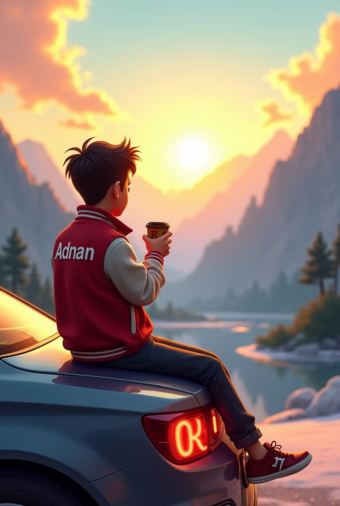 Make an animated image of a boy who is sitting on the roof of the luxury car from backside he is wearing a varsity jacket with name of Adnan who is enjoying his cold coffee , and seeing the view of sunrise of kashmir